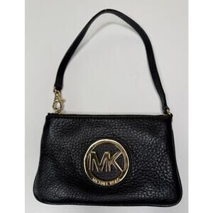 Michael Kors Fulton Wristlet Small Black Pebbled Leather Gold Logo Zip Top Purse